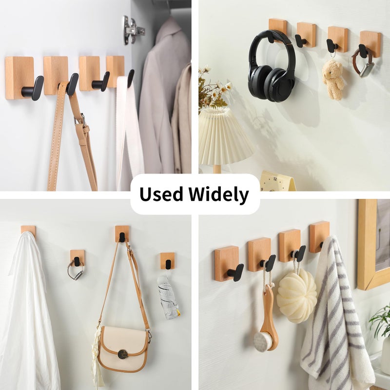 DELITON Towel Hooks Wall Mounted - Adhesive Bathroom Coat Hooks for Hanging Robes Clothes Light Brown, Black Solid Wood Beech Wall Hook 4 Packs - Image 4